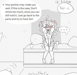 ambiguous_gender anthro bathroom_denial beverage blush blush_lines clothing costume cross cross_necklace dialogue ellipsis halo hand_on_crotch jewelry motion_lines necklace omorashi overalls sitting solo speech_bubble text time paddle-boat angel_(paddle-boat) deer mammal digital_drawing_(artwork) digital_media_(artwork) english_description english_text hi_res restricted_palette male_(lore)