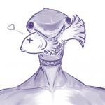 ambiguous_gender anthro big_pupils choker death dilated_pupils female gills heart_symbol jewelry necklace pupils sharp_teeth smile solo teeth derek_hetrick mitsu_(derek_hetrick) fish goblin_shark mackerel_shark marine mitsukurinid shark 1:1 2015 low_res monochrome