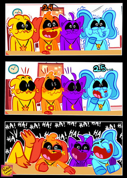 anthro blue_body group laugh male orange_body purple_body references text yellow_body rocketlennon mob_entertainment poppy_playtime smiling_critters bubba_bubbaphant catnap_(poppy_playtime) dogday_(poppy_playtime) kickinchicken avian bird canid canine canis chicken domestic_cat domestic_dog elephant elephantid felid feline felis galliform mammal phasianid proboscidean comic hi_res