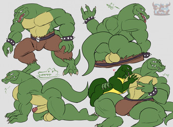3_toes 4_fingers abs anthro artist_initials backsack balls belt biceps big_balls big_bulge big_muscles big_penis biped blush blush_lines bottomwear bottomwear_pull bracelet brown_bottomwear brown_clothing brown_pants brown_speedo brown_swimwear bubble_butt bulge butt claws clothed clothing clothing_pull countershading crocodile_tail dark_body devil_horns_(gesture) digitigrade erection fangs feet finger_claws fingers front_view gender_symbol genitals gesture glans green_body hand_gesture head_out_of_water heart_symbol humanoid_genitalia humanoid_penis inviting inviting_to_anal inviting_to_sex jewelry kneeling logo looking_aside looking_at_viewer looking_back looking_back_at_viewer male male/male male_symbol muscular muscular_anthro muscular_male navel no_irises non-mammal_balls non-mammal_navel nude open_mouth pants pants_pull pecs penis pink_glans presenting presenting_hindquarters pupils question_mark rear_view reptilian_tail side_view simple_background sitting size_difference slit_pupils smile solo speedo spiked_bracelet spikes standing swimwear symbol tan_body tan_countershading teeth text toe_claws toes tongue tongue_out translucent translucent_logo underwear v_sign daikuhiroshiama donkey_kong_(series) nintendo crocodilian kremling kritter_(kremling) reptile scalie 2026 artist_logo colored colored_line_art digital_drawing_(artwork) digital_media_(artwork) english_text flat_colors full-length_portrait hi_res portrait sketch_page