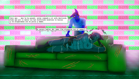 anthro bodily_fluids cum cum_in_mouth cum_inside duo furniture genital_fluids male male/male nightclub sex sofa sofa_sex text sergld canid canine canis domestic_dog mammal wolf absurd_res hi_res translation_request