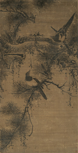 ambiguous_feral ambiguous_gender avian_feet beak biped bipedal_feral branch duo evergreen_tree feathered_wings feathers feral leaf looking_up on_branch open_beak open_mouth pine_tree plant simple_background standing tail tail_feathers tree wings lin_liang avian bird corvid magpie_(corvid) oscine passerine 15th_century absurd_res ancient_art hi_res monochrome painting_(artwork) traditional_media_(artwork) traditional_painting_(artwork)