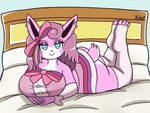 anthro bed big_breasts blue_eyes breasts butt clothing ear_piercing female furniture hair legwear lying on_front piercing pink_body pink_hair ribbons smile solo stockings tail yelaki nintendo pokemon maria_(bunbun_maria) generation_1_pokemon pokemon_(species) wigglytuff