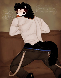 anthro aroused athletic athletic_male biting_tie black_body black_fur blush bottomwear bottomwear_down butt clothed clothing collared_shirt dress_shirt duo floppy_ears fur furniture heart_symbol inviting_to_sex loose_hair male markings mole_(marking) necktie offscreen_character pants pants_down partially_clothed pawpads pie_cut_eyes shirt sofa spread_legs spreading substance_intoxication suspenders tail tail_motion tailwag teasing teasing_with_butt topwear underwear underwear_down cerberussenn lucky_sweeto_(cerberussenn) mocha_hawkes_(cerberussenn) canid canine canis domestic_dog mammal nordic_sled_dog samoyed spitz wolf absurd_res hi_res