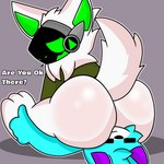 1:1 anthro azu_(oc) butt canid canine dialogue digital_media_(artwork) duo english_text facesitting feet fox fur hair happy hi_res lyncario machine male male/male mammal protogen screen screen_face simple_background sitting_on_another smile text thick_thighs tunrix_(lyncario) white_butt