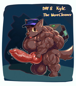 3_toes 4_fingers anthro arm_tuft back_muscles biceps big_eyes big_muscles big_pecs black_eyebrows black_eyes black_outline blep blue_clothing blue_hat blue_headwear blush bodily_fluids border brown_blush brown_body brown_fur brown_nose brown_pubes butt cheek_tuft claws cleaning_tool clothing count countershade_inner_ear day_count deltoids dripping_water elbow_tuft erection eyebrows facial_tuft featureless_crotch feet fingers fluffy fluffy_tail forearm_muscles forehead_tuft foreshortening fur glistening glistening_nose glistening_tail hat headgear headwear holding_object huge_muscles hyper hyper_muscles inside latissimus_dorsi light male multicolored_outline muscular muscular_legs narrowed_eyes no_irises nude outline paws pecs pink_tongue pointillism pointy_ears pubes puddle purple_text_outline quads raised_inner_eyebrows shadow small_hands solo standing sweat tail text three-quarter_view toes tongue tongue_out trapezius triceps tuft unsigned vacuum_cleaner water_drop white_border white_outline yellow_sclera yellow_text crimsonrabbit mythology the_werecleaner kyle_(the_werecleaner) canid canine mammal mythological_canine mythological_creature werecanid werecanine werecreature werewolf 2024 character_name english_text full-length_portrait hi_res lighting portrait shaded shaded_line_art