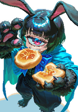 1_eye 3_toes bangs barefoot black_body black_fur black_hair blue_bow blue_clothing blue_topwear bow_ribbon bread bread_in_mouth button_(fastener) claws clothed clothed_female clothing eyelashes feet female finger_claws fingers food food_in_mouth front_view fur hair holding_bread holding_food holding_object light_body light_skin looking_at_viewer pawpads paws pink_pawpads rabbit_ears short_hair simple_background solo teeth toe_claws toes topwear cloakofwit cyclops 2025 digital_media_(artwork) hi_res pixel_(artwork) portrait