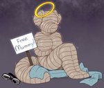 anthro big_breasts blush bound breasts eyewear female glasses halo mummified nipple_outline nipples scarf sign simple_background sitting solo tail text wraps crownedvictory nom_(themostrealdeal) ambiguous_species mummy undead 2020 english_text hi_res