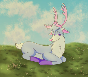 antlers blue_body chest_tuft clothing cloud female feral fur grass_field head_tuft horn legwear looking_at_viewer multicolored_body multicolored_fur outside pink_antlers pink_nose purple_clothing purple_eyes purple_legwear purple_stockings sitting sky solo stockings tail toony tuft two_tone_body two_tone_fur white_body white_fur saltypupcake deer mammal new_world_deer reindeer 2025 digital_media_(artwork) hi_res