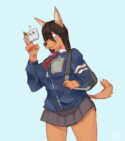 5_fingers anthro backpack black_hair blue_clothing blue_eyes blue_jacket blue_topwear bottomwear breasts clothed clothing female fingers fully_clothed fur hair hair_over_eye holding_object jacket monotone_tail one_eye_obstructed red_clothing skirt solo tail topwear buta99 canid canine mammal digital_media_(artwork) shaded