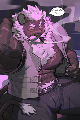 abs anthro barazoku beard belt blue_eyes body_hair buckle bulge chest_tuft cigar claws clothed clothing facial_hair fully_clothed hand_behind_head happy_trail heterochromia looking_at_viewer male mane muscular muscular_male mustache nipples open_clothing open_shirt open_topwear pecs scar shirt sitting smoke smoking smoking_cigar solo tail talking_to_viewer text topwear tuft yellow_eyes uriex felid lion mammal pantherine 2:3 english_text hi_res