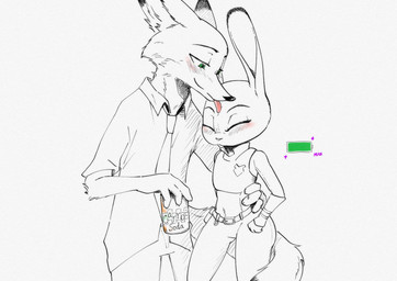 accessory anthro anthro_on_anthro beverage blush clothed clothing collared_shirt duo eyes_closed female fingers green_eyes interspecies licking long_ears male male/female necktie police police_uniform predator/prey shirt tongue topwear uniform pangolenz disney zootopia judy_hopps nick_wilde canid canine european_rabbit fox lagomorph leporid mammal oryctolagus rabbit red_fox true_fox hi_res monochrome spot_color