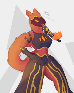 anthro armor beckoning blep bottomwear clothing crossgender female fire fur gauntlets gesture gloves gold_(metal) hand_on_hip handwear machine prosthetic prosthetic_arm prosthetic_limb red_body red_fur skirt solo standing tongue tongue_out allodoodl ember_(skiddy) protogen 2021 full-length_portrait hi_res portrait