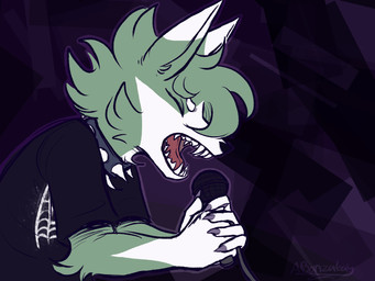 anthro cheek_tuft claws collar colored_nails electronics eyes_closed facial_tuft female fluffy frown fur fur_markings furrowed_brow grey_body grey_fur holding_object long_ears markings microphone nails singing solo spiked_collar spikes teeth tongue tuft abonzabay canid canine canis mammal wolf digital_drawing_(artwork) digital_media_(artwork) hi_res