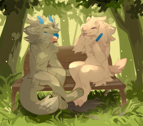 anthro bench cheek_tuft dessert duo eyes_closed facial_tuft female food fur grass green_body green_fur happy ice_cream male nude on_bench outside plant popsicle sitting tail tan_body tan_fur three-quarter_view tree tuft unsigned corzh77 mythology dragon furred_dragon furred_scalie mythological_creature mythological_scalie scalie absurd_res hi_res