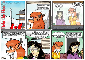 anthro black_hair black_nose breasts canadian_flag clothed clothed_female clothing dialogue dipstick_ears duo ear_markings ear_piercing eyewear female fur furniture glasses gloves_(marking) hair markings multicolored_ears open_mouth orange_body orange_fur orange_hair piercing sofa text style_wager dela_the_hooda dela_aldershaw sue_chan_(dela_the_hooda) canid canine fox hooda human mammal 2005 comic english_text
