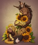 ambiguous_gender anthro arm_tuft beak brown_body brown_claws brown_fur brown_mane cheek_tuft claws closed_smile dipstick_beak elbow_tuft eyes_closed facial_tuft finger_claws flower fur hug leg_markings mane markings mouth_closed neck_tuft pawpads plant red_pawpads simple_background sitting smile socks_(marking) solo spots spotted_arms spotted_body spotted_fur spotted_legs spotted_neck sunflower toe_claws tuft yellow_beak santanahoffman mythology avian gryphon mythological_avian mythological_creature 2024 artist_name dated hi_res