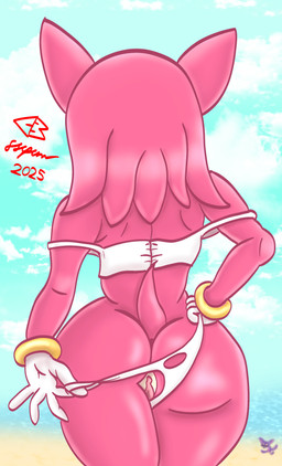 anthro beach big_butt bikini bikini_aside bikini_thong butt butt_focus clothing clothing_aside female genitals pink_body solo swimwear swimwear_aside teasing teasing_viewer thick_thighs two-piece_swimsuit undressing vulva wide_hips coldbrewfuz sega sonic_the_hedgehog_(series) amy_rose eulipotyphlan hedgehog mammal absurd_res hi_res