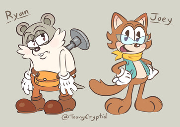 anthro black_eyes black_nose blush bottomwear brown_body brown_bottomwear brown_clothing brown_ears brown_footwear brown_fur brown_nose brown_pants brown_shoes brown_tail buckteeth clothed clothing duo eyewear fanny_pack footwear fur glasses gloves green_clothing green_topwear green_vest grey_body grey_ears grey_fur grey_tail half-closed_eyes hands_on_hips hands_on_own_hips handwear happy kerchief looking_at_viewer male multicolored_body multicolored_clothing multicolored_footwear multicolored_fur multicolored_shoes narrowed_eyes neckerchief neckwear open_clothing open_topwear open_vest orange_kerchief orange_neckerchief pants pie_cut_eyes shoes smile standing tail tan_body tan_fur teeth text tired tongue topwear two_tone_body two_tone_clothing two_tone_footwear two_tone_fur two_tone_shoes vest white_body white_clothing white_fur white_gloves white_handwear toonycryptid acecraft joey_(acecraft) ryan_(acecraft) cricetid domestic_cat felid feline felis hamster mammal rodent 2025 artist_name character_name digital_media_(artwork) hi_res