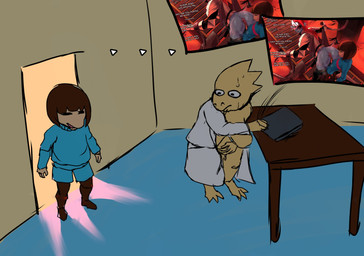 ambiguous_gender anthro bodily_fluids breasts caught caught_in_the_act caught_masturbating clothing coat duo female genital_fluids lab_coat lab_coat_only masturbation mostly_nude pornography sweat text topwear vaginal_fluids walk-in kokobiel undertale undertale_(series) alphys frisk_(undertale) undyne aquatic fish human mammal reptile scalie english_text hi_res