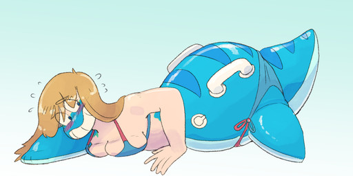 anthro blonde_hair blue_body blue_eyes blush bodily_fluids bra breasts clothed clothing female flying_sweatdrops hair inflatable inflatable_transformation lying mid_transformation nozzle on_front permanent_smile pool_toy solo species_transformation sweat sweatdrop transformation underwear dondedun em_(dondedun) animate_inanimate humanoid living_inflatable