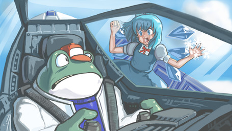 against_surface anthro arwing baseball_cap blue_clothing blue_dress blue_eyes blue_hair clothed clothing cockpit dress duo female floating_wings hair hat headgear headwear ice_wings in_spacecraft in_vehicle jacket looking_at_another male on_glass open_clothing open_jacket open_mouth open_topwear pilot puffy_sleeves short_sleeves spacecraft topwear unusual_anatomy unusual_wings vehicle white_clothing white_jacket white_topwear wings profitwalrus nintendo star_fox touhou cirno slippy_toad amphibian fairy frog humanoid 16:9 2014 crossover hi_res widescreen