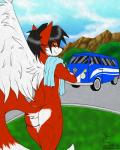 anthro biped black_hair butt detailed_background feathered_wings feathers fur hair looking_at_viewer male male_anthro medium_truck nude outside public public_nudity red_body red_fur solo tail towel truck van vehicle white_body white_fur wings iudicium86 volkswagen volkswagen_bus sam_the_angel_fox canid canine fox mammal 4:5 absurd_res hi_res