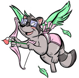 anthro barefoot briefs clothed clothing eyewear feathers feet fur glasses green_body green_feathers green_wings grey_body grey_fur hand_on_bow holidays male markings open_mouth open_smile pink_briefs pink_clothing pink_underwear simple_background smile solo striped_markings stripes tongue_showing topless topless_anthro topless_male underwear white_background wings cameroo valentine's_day cupid mammal procyonid raccoon