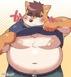 anthro band-aid bandage belly big_belly blush bottomwear clothed clothing clothing_lift humanoid_hands kemono male moobs navel nipples overweight overweight_male pants shirt shirt_lift solo topwear diru11 canid canine canis domestic_dog mammal 2023 hi_res