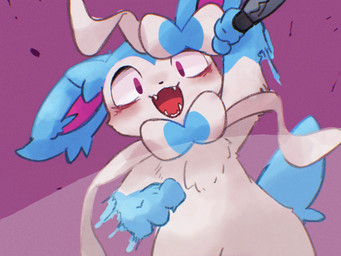 3_fingers ambiguous_gender attack biped black_nose blue_body blue_ears blue_fur blue_tail chest_tuft clothing ear_bow fangs feral fingers front_view fur gloves handwear holding_knife holding_object holding_weapon insane kemono knife looking_at_viewer melee_weapon monotone_tail multicolored_body multicolored_fur neck_bow nude open_mouth open_smile pink_background pink_inner_ear purple_eyes ribbons semi-anthro sharp_teeth simple_background smile solo standing tail teeth tongue tuft two_tone_body two_tone_fur weapon white_body white_fur white_ribbon yandere netchy_boo nintendo pokemon eeveelution generation_6_pokemon mammal pokemon_(species) shiny_pokemon sylveon 4:3 colored digital_media_(artwork) half-length_portrait portrait shaded