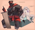 accessory anthro belt big_ears buster_sword canid canine cape clothed clothing dialogue duo english_text feet flaccid fur furred_kobold furred_scalie genitals greatsword headband kobold long_ears male male/male mammal muscular muscular_anthro muscular_male necktie nude penis profanity scalie sitting size_difference sleepymute small_dom_big_sub text topless weapon zanbato
