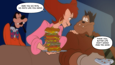4_fingers anthro blush bodily_fluids breasts cheating_wife clothing dish distracted eyes_closed female fingers food furniture group hand_on_shoulder husband_and_wife infidelity looking_pleasured male male/female married_couple nipple_outline on_sofa oversized_clothing oversized_sweater oversized_topwear overweight overweight_male risky_sex sandwich_(food) sex sitting sitting_on_sofa sofa speech_bubble stealth_sex sweat sweatdrop sweater text topwear trio tv_remote watching_television thesquidycipher disney goof_troop goofy_(disney) peg_pete pete_(disney) peter_pete_sr. canid canine canis domestic_cat domestic_dog felid feline felis mammal 16:9 english_text hi_res widescreen
