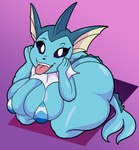anthro big_breasts big_butt bikini bikini_top black_nose blue_bikini_top blue_body blue_scales breasts butt clothing eyelashes fangs female frill_(anatomy) glistening glistening_body glistening_breasts glistening_butt hand_on_cheek hands_on_own_cheeks looking_at_viewer neck_frill pupils scales short_stack solo swimwear tail teeth thick_thighs tongue tongue_out two-piece_swimsuit white_pupils someth1ngoranother nintendo pokemon eeveelution generation_1_pokemon pokemon_(species) vaporeon 2024 digital_media_(artwork) hi_res