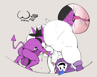 4_fingers all_fours anal anus ass_up balls big_balls big_butt big_ears big_penis black_clothing black_headkerchief black_headwear black_kerchief black_neckerchief black_underwear blue_hair bodily_fluids boots bottom_heavy bottomwear bracelet butt claws clothed clothing clothing_aside crotch_apron crouching cutaway deep_rimming duo dutch_angle emanata erection evil_grin finger_claws fingers flash_emanata flesh_fang footwear foreskin gem genital_fluids genitals gold_(metal) gold_jewelry grey_background hair half-erect hat headgear headkerchief headwear heart_symbol hidden_eyes holding_own_penis holding_penis horn huge_balls huge_butt huge_penis humanoid_genitalia humanoid_penis internal internal_anal jewelry kerchief larger_rimmed leaking_precum loincloth looking_at_another looking_at_partner looking_through looking_through_legs male male/male masturbating_while_rimming masturbation mostly_nude neckerchief neckwear open_mouth open_smile oral partially_retracted_foreskin penile penile_masturbation penis pointy_ears precum precum_string presenting presenting_hindquarters prostate prostate_stimulation purple_balls purple_body purple_boots purple_clothing purple_footwear purple_hat purple_headwear purple_penis purple_skin rear_view rimming ruff saliva saliva_on_anus saliva_on_butt saliva_on_face sex shoes simple_background size_difference smile spade_tail sweat sweaty_butt sweaty_legs sweaty_thighs tail thin_tail underwear underwear_aside underwear_only vein veiny_penis wavy_horn white_balls white_body white_penis white_skin wyth atlus megami_tensei sega boone_(misterimp) diamond_(artistjackalope) jack_frost_(megami_tensei) demon humanoid imp 2025 absurd_res dated digital_media_(artwork) hi_res signature