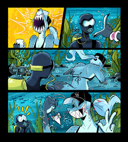 4_fingers ambiguous_gender anthro bikini bikini_top blood blue_body blue_hair bodily_fluids breasts bubble cleavage clothed clothing container cup dorsal_fin duo eyes_closed facial_piercing female fin fingers freckles gesture gills hair hand_gesture laugh missing_tooth motion_lines mug nose_piercing nose_ring open_mouth piercing ring_piercing scar scuba seaweed septum_piercing septum_ring sharp_teeth smile swimwear tail teeth tooth_removal two-piece_swimsuit underwater v_sign water white_body wristband herny jawlene_(herny) fish marine shark 2025 absurd_res comic digital_media_(artwork) hi_res
