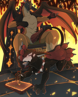 all_fours anthro black_body black_fur black_scales blush blush_lines bodily_fluids chair claws collar collar_only detailed_background digitigrade dominant dominant_anthro dominant_male drawing_tablet ears_back eye_scar facial_scar fangs feet fire foot_fetish foot_focus foot_lick full_foot_pawpads full_pad fur furniture genital_fluids genitals horn licking male male_anthro male_dominating_male membrane_(anatomy) membranous_wings nude nude_anthro nude_male orange_body orange_eyes orange_scales padded_palms pawpads paws penis pink_blush pivoted_ears precum red_body red_pawpads red_scales red_soles ridged_penis scales scar size_difference snout submissive submissive_anthro submissive_male tail teeth throne toe_claws tongue tongue_out white_face wings silveredge mythology ra'zim silveredge_(character) canid dragon mammal mythological_creature mythological_scalie scaled_dragon scalie 2026 4:5 absurd_res hi_res signature