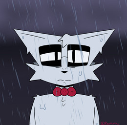 anthro bow_tie cheek_tuft eyewear facial_tuft fur glasses head_tuft male raining red_bow_tie sad solo storming tired tired_eyes tuft wearing_glasses wet white_body white_fur fluffyv1 felid feline mammal hi_res