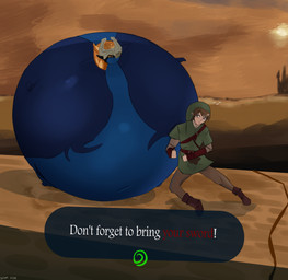 armwear belly belly_expansion berry_juice beverage big_belly black_ears black_eyebrows blue_body blue_eyes blue_markings blue_skin blueberry_inflation blueberry_juice body_inflation bottomwear brown_armwear brown_bottomwear brown_clothing brown_footwear brown_hair brown_pants brown_shoes clothing duo expansion eyebrows female footwear fused_shadow green_clothing green_headwear green_topwear grey_helmet hair headgear headwear huge_belly humanoid_pointy_ears hyper hyper_belly hyper_inflation immobile inflation juice_(beverage) juice_from_mouth male markings multicolored_body navel not_furry orange_eyebrows orange_hair outside pants pointy_ears pushing red_eyes round_body shoes spherical_inflation tan_body tan_ears tan_skin text topwear two_tone_body yellow_sclera blasuka nintendo the_legend_of_zelda twilight_princess link midna human humanoid hylian imp mammal twili 2026 absurd_res colored digital_media_(artwork) english_text hi_res shaded signature
