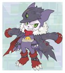 anthro bancho bandage belt claws clothing coat coat_over_shoulders finger_claws green_eyes grin hat headgear headwear kerchief male purple_body short_stack smile solo toe_claws topwear na0r3n bandai_namco digimon digimon_(species) impmon