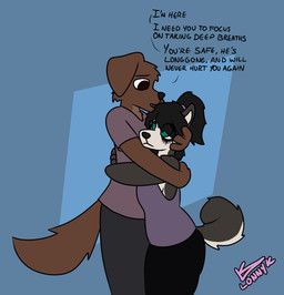 anthro bodily_fluids breasts clothed clothing comforting crying duo female hug male male/female sad side_boob smudged_eyeliner tears text lonnyk kayla_(lonnyk) mik_(lonnyk) bird_dog canid canine canis domestic_dog hunting_dog husky labrador mammal nordic_sled_dog retriever spitz english_text hi_res