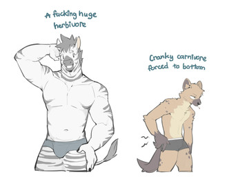 anthro athletic athletic_anthro athletic_male biped black_stripes brown_body bulge clothed clothing duo featureless_chest male male_anthro muscular muscular_anthro muscular_male predator/prey profanity simple_background stripes text topless topless_anthro topless_male underwear underwear_only white_background white_body shoko_contane equid equine hyena mammal zebra english_text hi_res