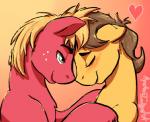 blonde_hair blush brown_hair duo eyes_closed feral freckles fur green_eyes hair half-closed_eyes heart_symbol male male/male narrowed_eyes orange_body orange_fur red_body red_fur smile hoodoo friendship_is_magic hasbro my_little_pony big_macintosh_(mlp) caramel_(mlp) earth_pony equid equine horse mammal pony