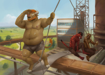anthro areola beard belly bottomwear building bulge clothed clothing construction_site construction_worker facial_hair feet fingers food fur group hair holding_food holding_object holding_rope holding_sandwich hooves horn humor male navel nipples open_mouth outside overweight overweight_anthro overweight_male pants pawpads pecs plant rope sandwich_(food) shorts sitting sky smile spread_legs spreading tail toes tools topless topless_anthro topless_male trio worried worried_face wrench orcfun bear bovid bovine cattle felid mammal pantherine tiger digital_media_(artwork) hi_res