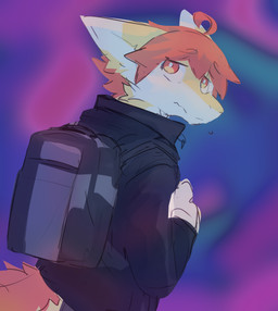 abstract_background anthro backpack cheek_tuft clothed clothing facial_tuft fur hair male male_anthro mouth_closed multicolored_eyes orange_eyes orange_hair short_hair solo tuft two_tone_eyes white_body white_fur yellow_body yellow_eyes yellow_fur kuttoyaki mythology kutto dragon furred_dragon furred_scalie mythological_creature mythological_scalie scalie hi_res