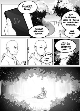 ambiguous_gender anthro cellphone dialogue duo electronics forest lying male phone plant smartphone text tree shoutingisfun nintendo pokemon generation_9_pokemon human mammal meowscarada pokemon_(species) 2025 black_and_white comic english_text hi_res monochrome female_(lore)