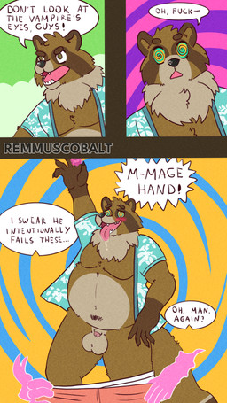 anthro belly bodily_fluids drooling embarrassed exposed genitals group humiliation hypnosis male male/male mind_control open_mouth open_smile outside overweight overweight_male penis penis_humiliation saliva small_penis small_penis_humiliation smile spiral spiral_eyes submissive submissive_male text tongue tongue_out remmus_cobalt ailurid canid canine mammal raccoon_dog red_panda tanuki 4k 9:16 absurd_res comic english_text hi_res