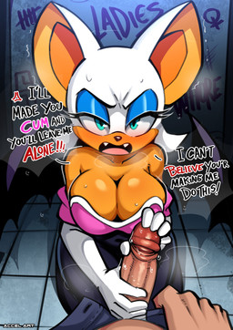 anthro anthro_focus bathroom big_breasts blue_eyeshadow bodily_fluids breasts cleavage clothed clothing duo eyelashes eyeshadow female female_focus first_person_view handjob human_pov looking_at_viewer makeup male male/female male_pov penile public_restroom sex sweat tan_body text white_head accel sega sonic_the_hedgehog_(series) rouge_the_bat bat human mammal absurd_res better_version_at_source english_text hi_res