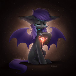 bat_wings bodily_fluids crying dark eyebrows eyelashes eyes_closed female glowing hair heart_symbol membrane_(anatomy) membranous_wings purple_hair sad sitting smile solo sparks tears wings scheadar sleepingwalkerstuff hasbro my_little_pony fan_character bat_pony equid equine horse hybrid mammal pony 1:1 2017 2d_animation animated artist_collaboration