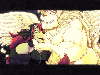 anthro clothing duo feathered_wings feathers green_eyes hair long_hair male male/male multi_eye muscular muscular_anthro muscular_male nude_anthro nude_male wings telstartelstar delicious_in_dungeon marcille_donato winged_lion_(delicious_in_dungeon) demon felid lion mammal pantherine 2024 4:3 hi_res