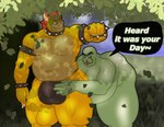 bulge bulge_rubbing clothed clothing duo male male/male musclegut muscular muscular_male nude overweight overweight_male text thong thong_only topless underwear underwear_only weonraro123 bowser_day mario_bros nintendo bowser uxio_(weonraro123) eldritch_abomination koopa scalie absurd_res english_text hi_res